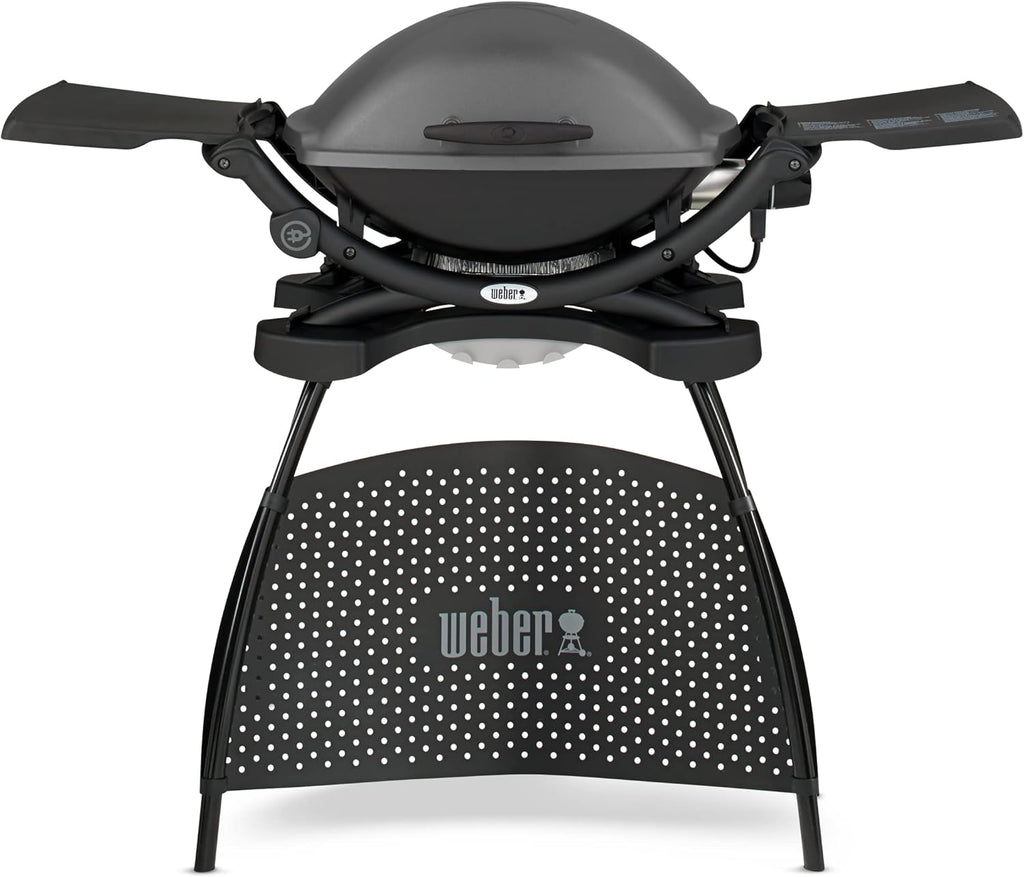 Weber Q2400 Barbecue elettrico con supporto + tavolini laterali, superficie di cottura 54 x 39 cm, portatile, griglia di cottura in ghisa smaltata in due pezzi, coperchio e braciere in ghisa d'alluminio - Grigio scuro (55020879)