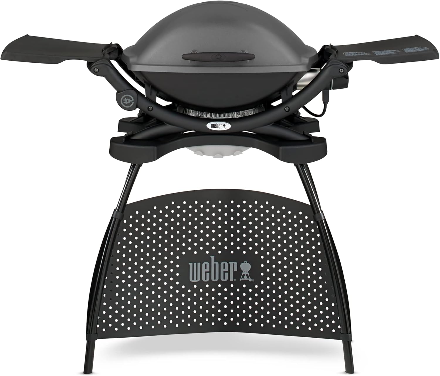 Weber Q2400 Barbecue elettrico con supporto + tavolini laterali, superficie di cottura 54 x 39 cm, portatile, griglia di cottura in ghisa smaltata in due pezzi, coperchio e braciere in ghisa d'alluminio - Grigio scuro (55020879)