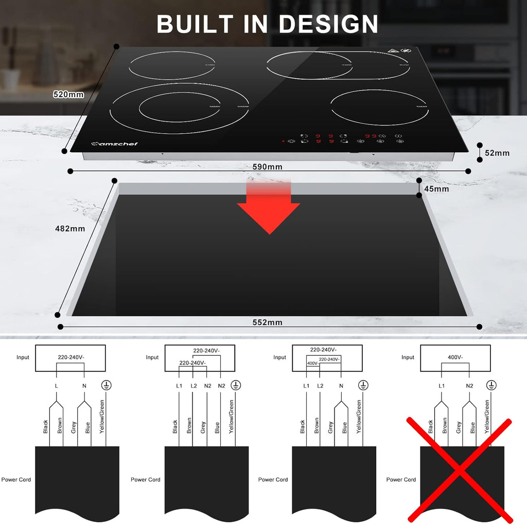 AMZCHEF Induktionskochfeld 60cm mit Zwei Flexzonen, 4 Zonen Induktionskochplatte mit Boost-Funktion und 9 Leistungsstufen, Touch-Bedienung, Timer, Sicherheitsschloss, Überhitzungsschutz, BBQ, 7200W
