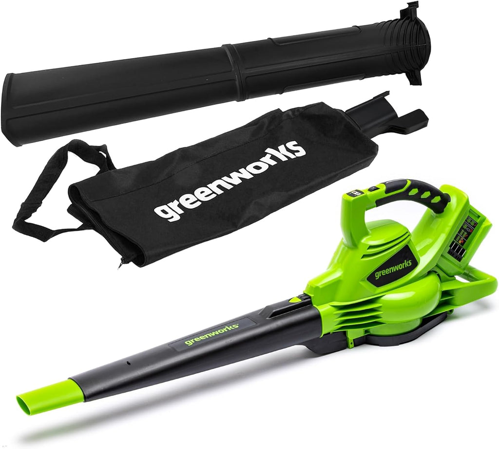 Greenworks 48V (2x24V) Aspiratore/Soffiatore per Foglie a Batteria con Tracolla, Motore Brushless, 322 km/h, 9 m³/min, Sacco di Raccolta da 45L, due Batterie da 4Ah e Caricabatterie, 3 Anni di Garanzia GD24X2BVK4X
