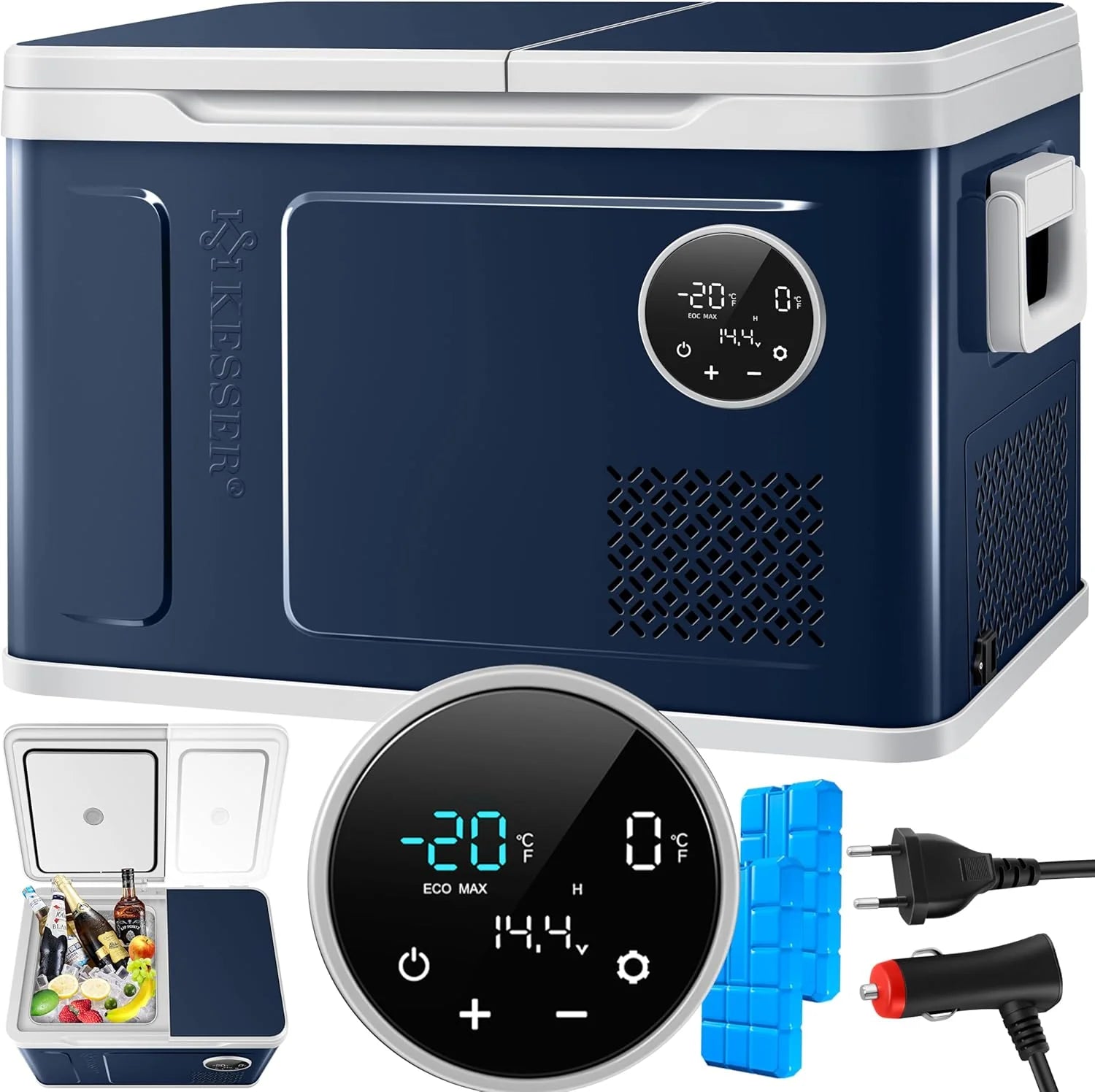 KESSER® Frigorifero portatile a compressore 2in1 doppia zona frigo e congelatore, congelatore elettrico con 2 accumuli di freddo e controllo touch LED | Refrigerazione fino a -20 °C per campeggio, auto, camion 12/24V 230V