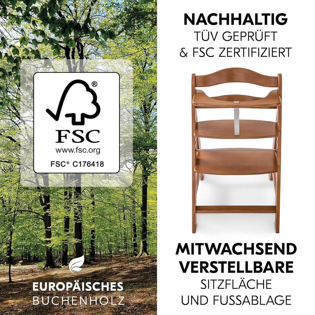 hauck Alpha Plus Newborn Set mit Premium Bouncer Dark Grey - Baby Holz Hochstuhl ab Geburt mit Liegefunktion - extra flacher Aufsatz für Neugeborene & Baumwoll Sitzpolster - Grau