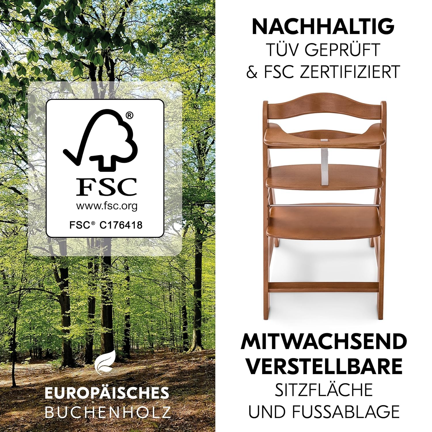 hauck Alpha Plus Newborn Set mit Premium Bouncer Dark Grey - Baby Holz Hochstuhl ab Geburt mit Liegefunktion - extra flacher Aufsatz für Neugeborene & Baumwoll Sitzpolster - Grau