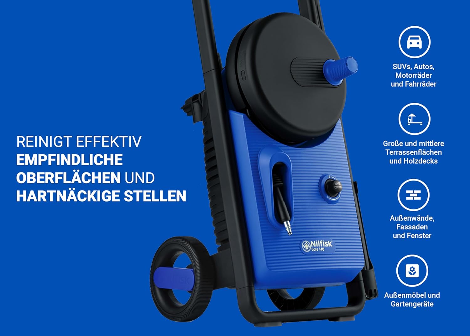 Nilfisk Core 140 Idropulitrice con PowerControl - Idropulitrice per la pulizia di aree esterne e il lavaggio auto (1800 W)