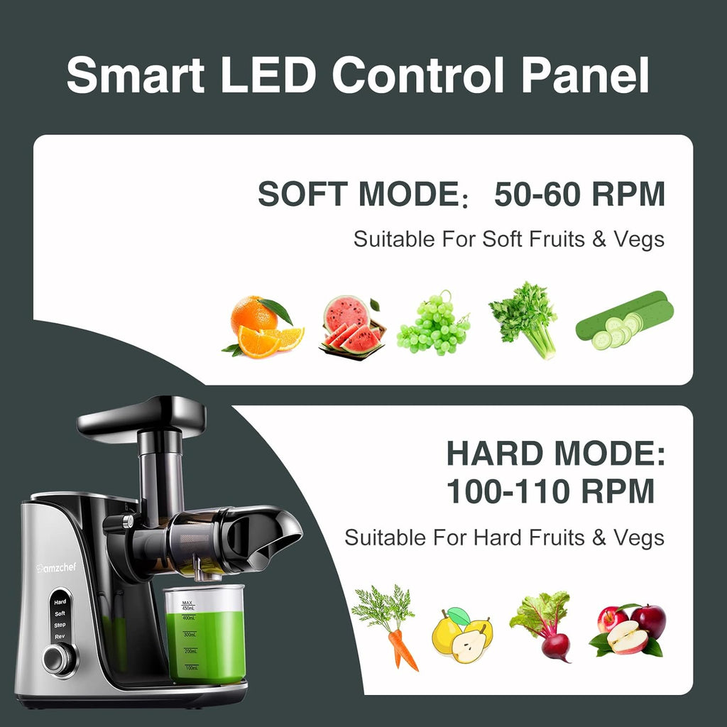 AMZCHEF Estrattore di Succo per Frutta e Verdura con 2 Modalità di Velocità - Slow Juicer con Bottiglia Portatile e 2 Tazze - Cold Press Juicer Senza BPA con LED Intelligente e Funzione di Inversione - Nero