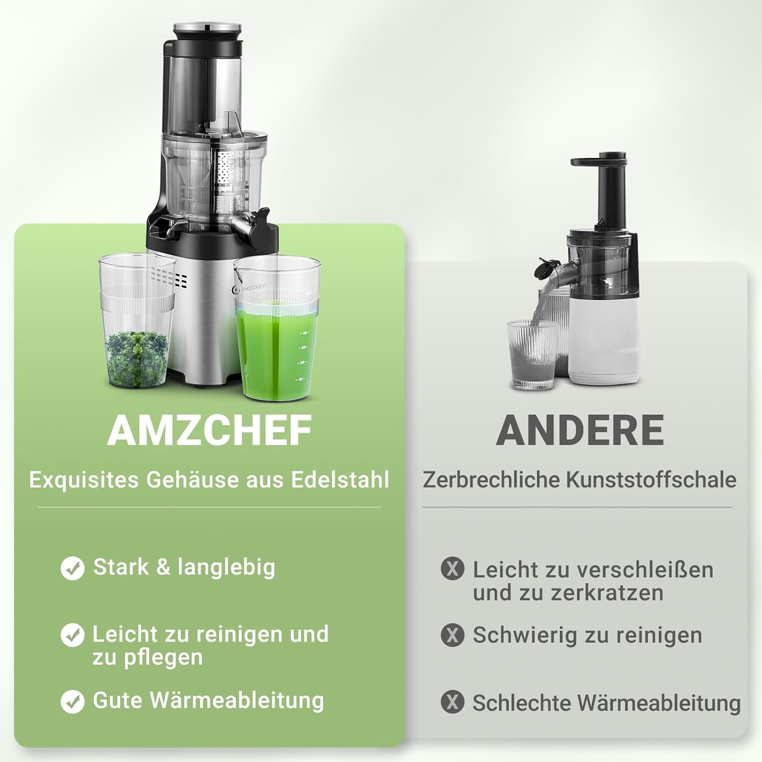 AMZCHEF Estrattore di Succo per Frutta e Verdura con 2 Modalità di Velocità - Slow Juicer con Bottiglia Portatile e 2 Tazze - Cold Press Juicer Senza BPA con LED Intelligente e Funzione di Inversione - Nero