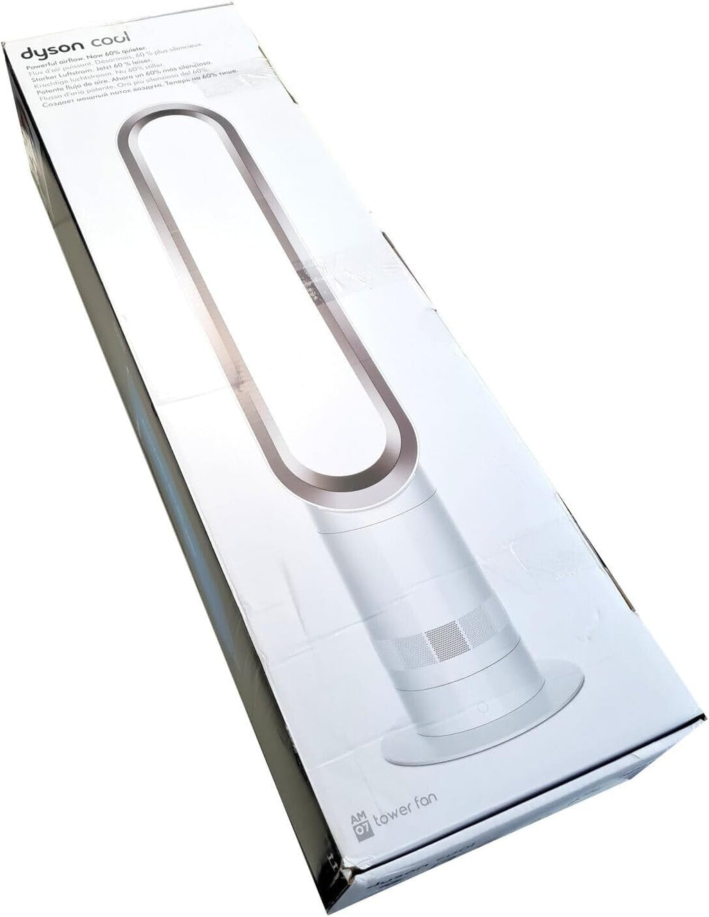Dyson Cool AM07 Ventilatore con telecomando 100 cm, timer 9h, ventilatore a torre silenzioso bianco/argento, BASSO CONSUMO ENERGETICO, ventilatore a piantana per camera da letto, rumorosità 48 db, 10 velocità