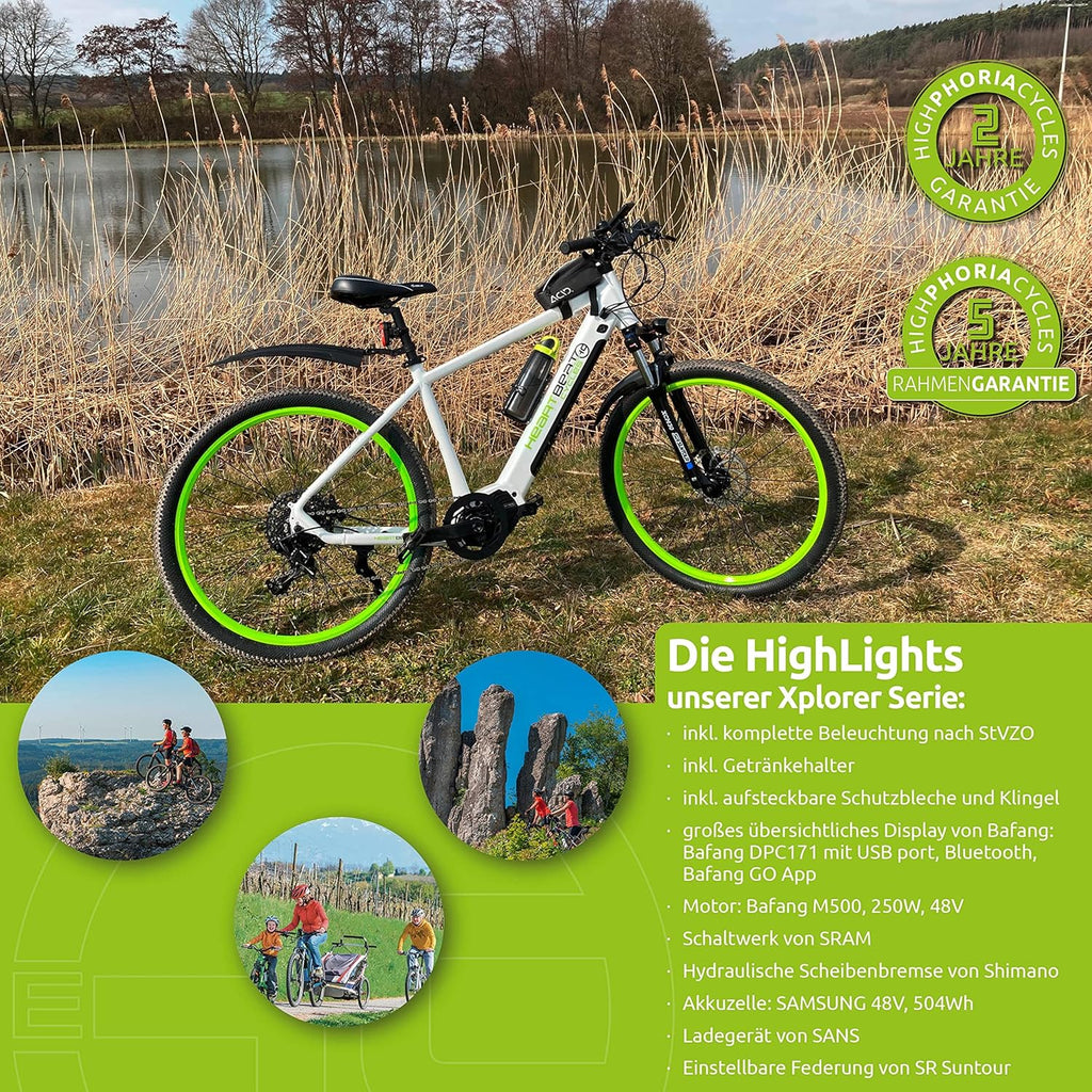 Highphoria Bici Elettrica Adulti, E-Bike 250W 25 km/h con Batteria, Motore Potente, Cambio a Catena, E-Mountain Bike con Forcella Ammortizzata Idraulica Pedelec per Uomo e Donna