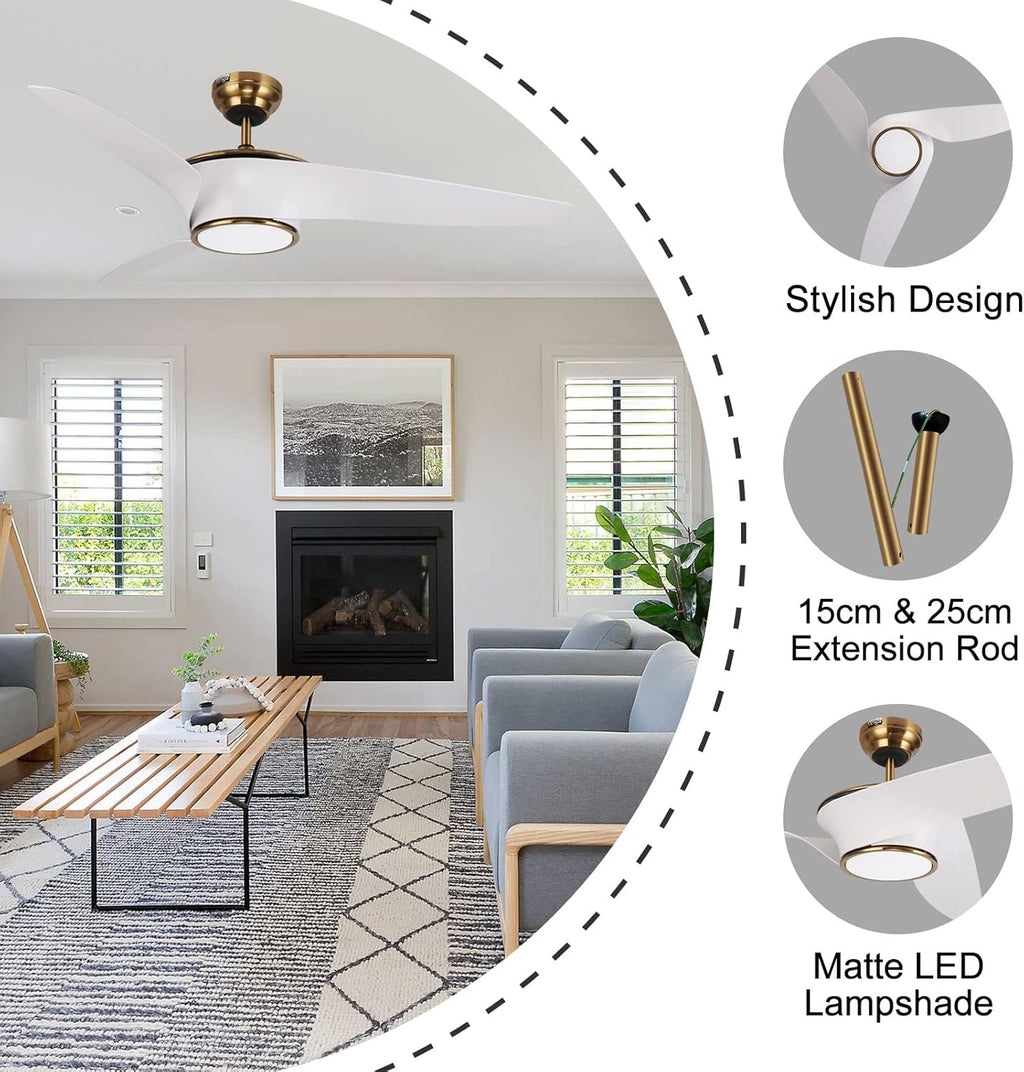 reiga Ventilatore da soffitto WiFi 132 CM con illuminazione a LED dimmerabile e telecomando, 3 temperature di colore, motore DC 6 velocità, compatibile con l'App Alexa Google Home, legno e marrone