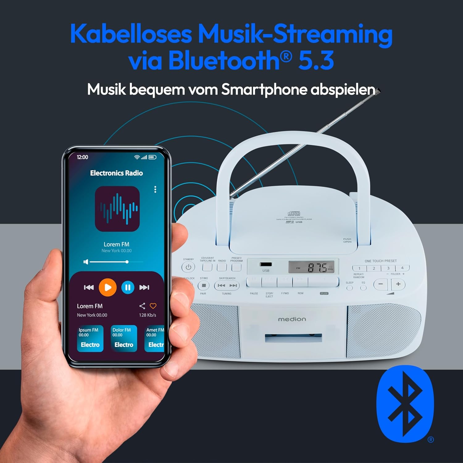 MEDION E65010 Radioregistratore stereo (lettore CD, cassetta, porta USB, ingresso audio AUX, riproduzione MP3, radio PLL FM, 40 stazioni memorizzabili, funzionamento a batteria, telecomando) bianco