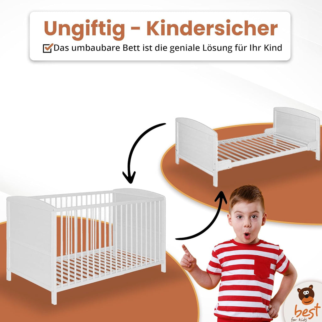 Best for Home - Baby Bett | Babybett 70x140 cm in Weiß und Braunfarbe | Junior Babybett Umbaubar | Cot ohne Matratze | Weiß Komplett Set Bebek Yatagi & Baby Cot | Babybett für Mädchen und Jungen