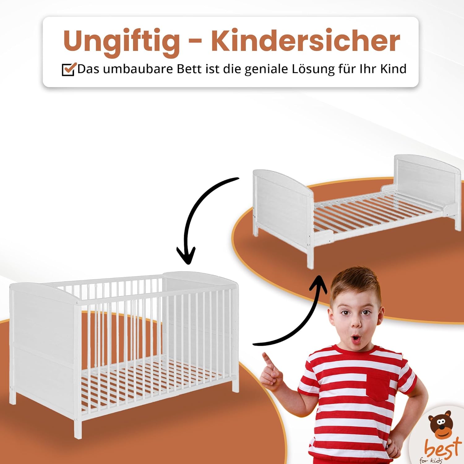 Best for Home - Baby Bett | Babybett 70x140 cm in Weiß und Braunfarbe | Junior Babybett Umbaubar | Cot ohne Matratze | Weiß Komplett Set Bebek Yatagi & Baby Cot | Babybett für Mädchen und Jungen