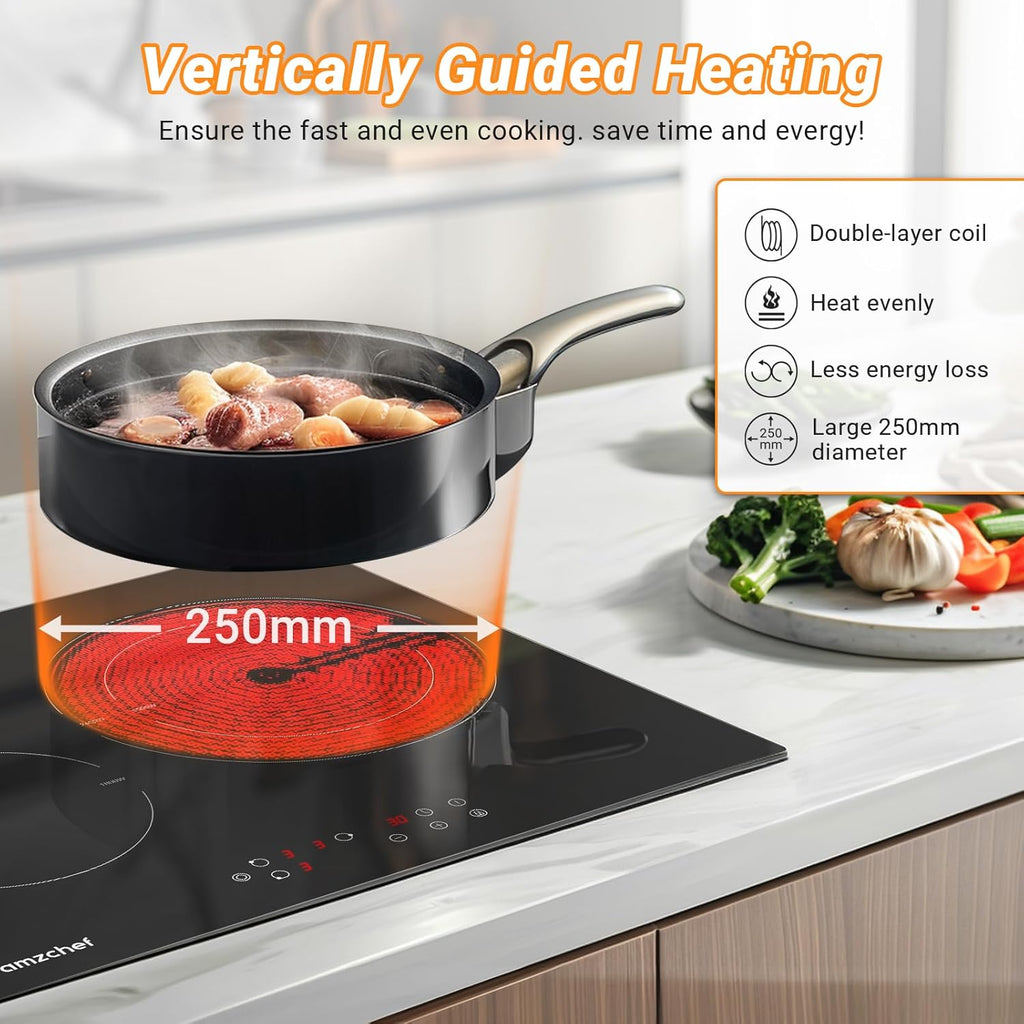 AMZCHEF Induktionskochfeld 60cm mit Zwei Flexzonen, 4 Zonen Induktionskochplatte mit Boost-Funktion und 9 Leistungsstufen, Touch-Bedienung, Timer, Sicherheitsschloss, Überhitzungsschutz, BBQ, 7200W