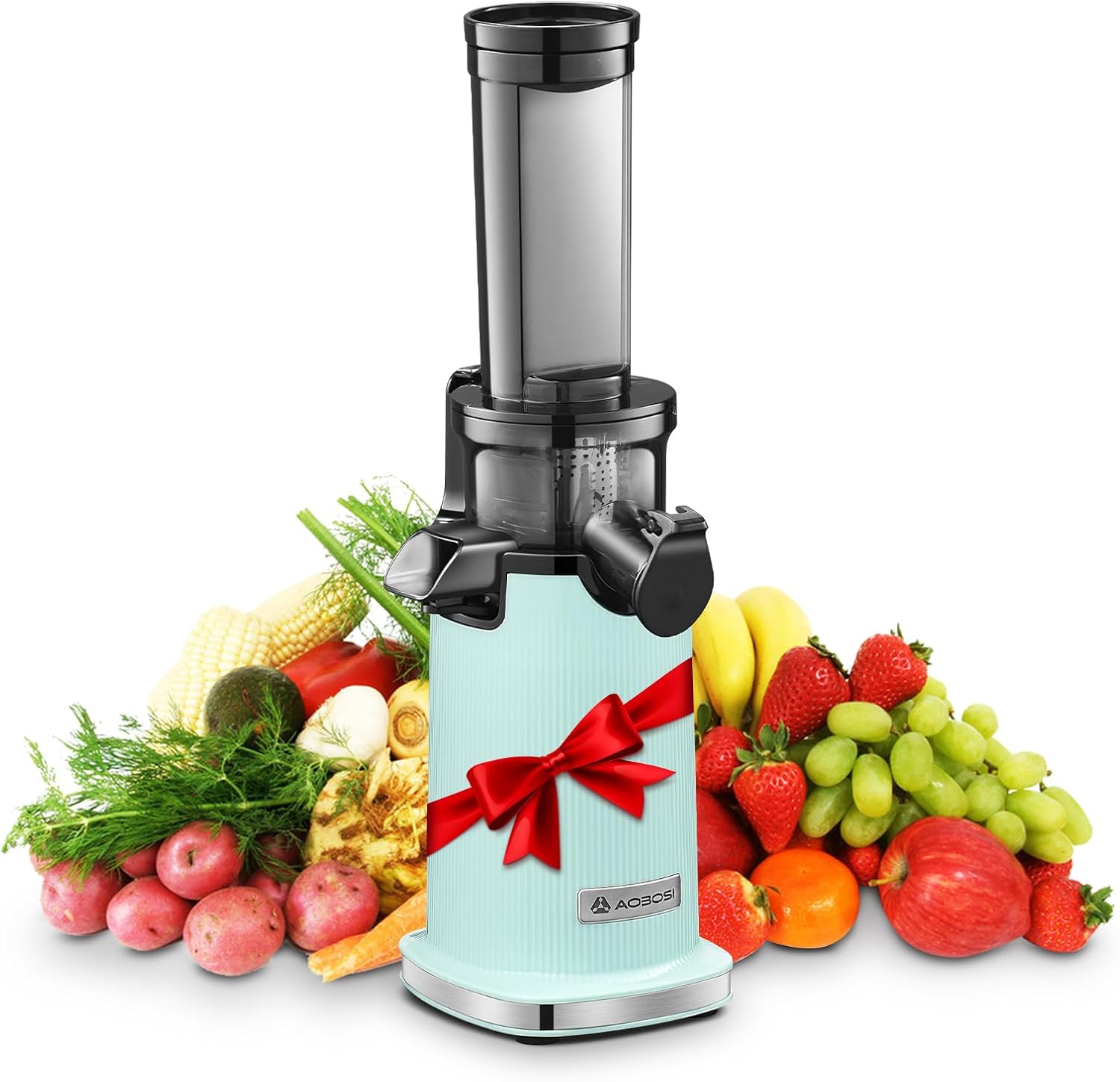 AOBOSI - Mini centrifuga a freddo con funzione masticazione inversa, spremiagrumi elettrico con spazzola e 2 tazze, multifunzione per frutta (nero, 45 mm)