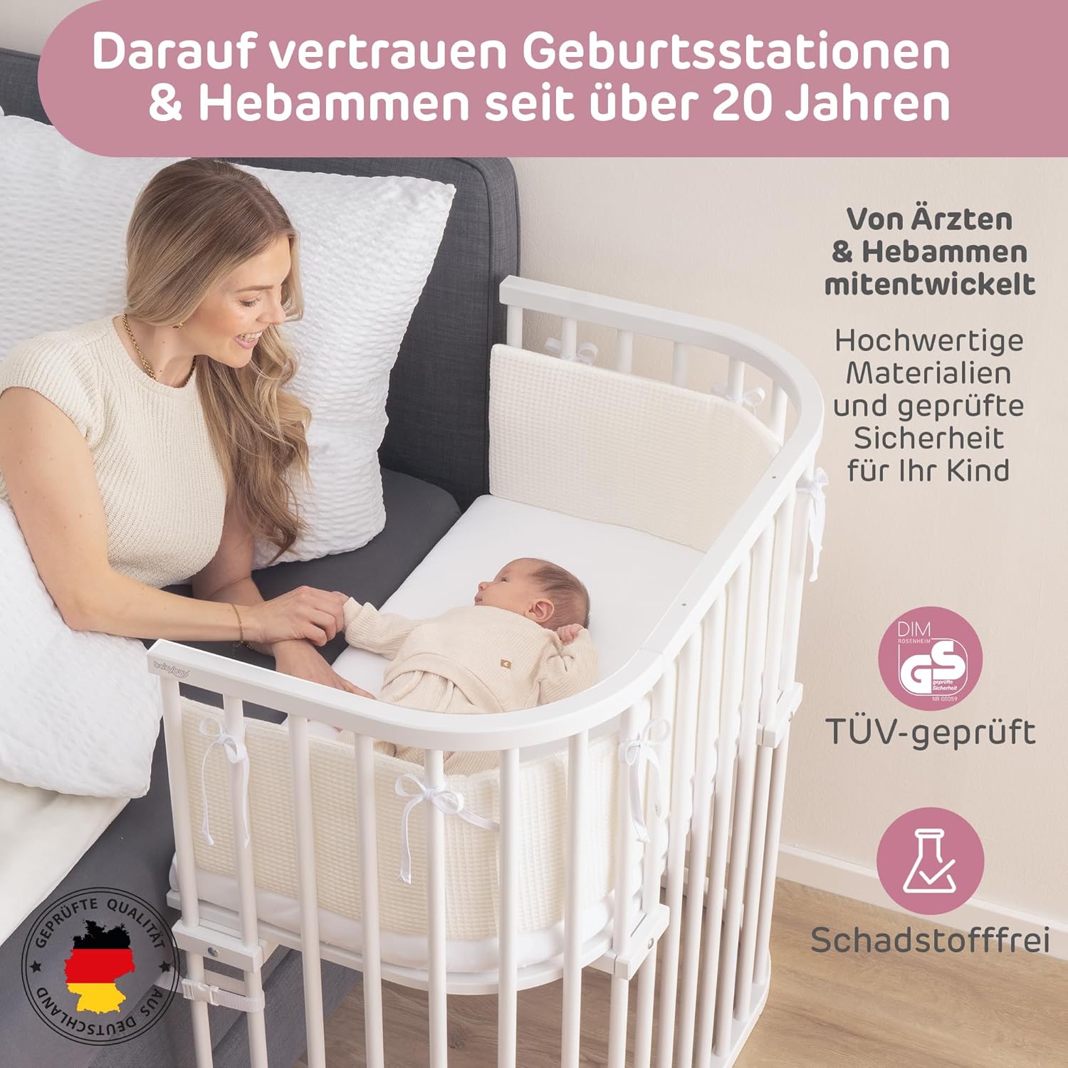 babybay Original Lettino da affiancare in massello di faggio / compatto e trasformabile / Lettino per bambini regolabile in altezza senza livelli preimpostati ed ecologico / Lettino evolutivo (laccato bianco) / inclusa Matratze