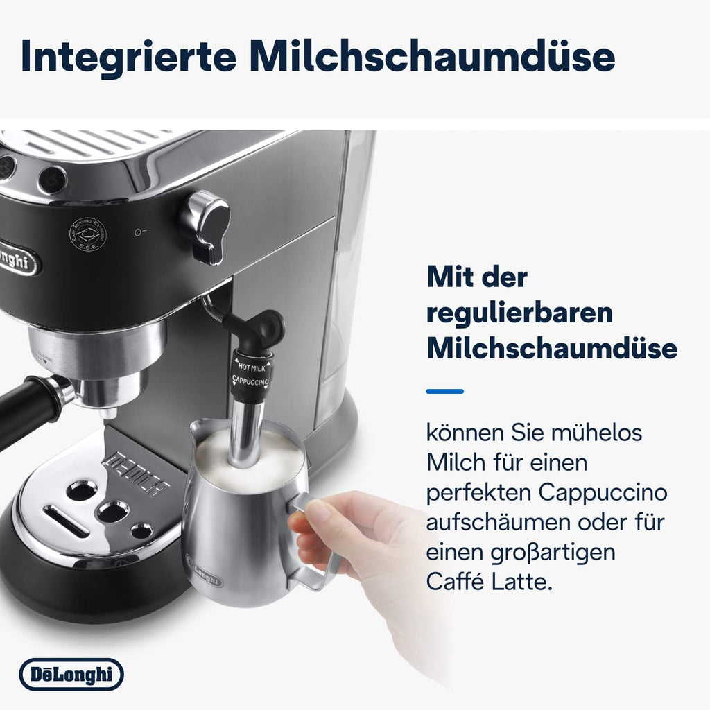 De'Longhi Dedica Style EC 685.M – Macchina da caffè espresso con portafiltro, con montalatte professionale, larga solo 15 cm, per caffè in polvere o cialde ESE, serbatoio dell'acqua da 1 l, argento