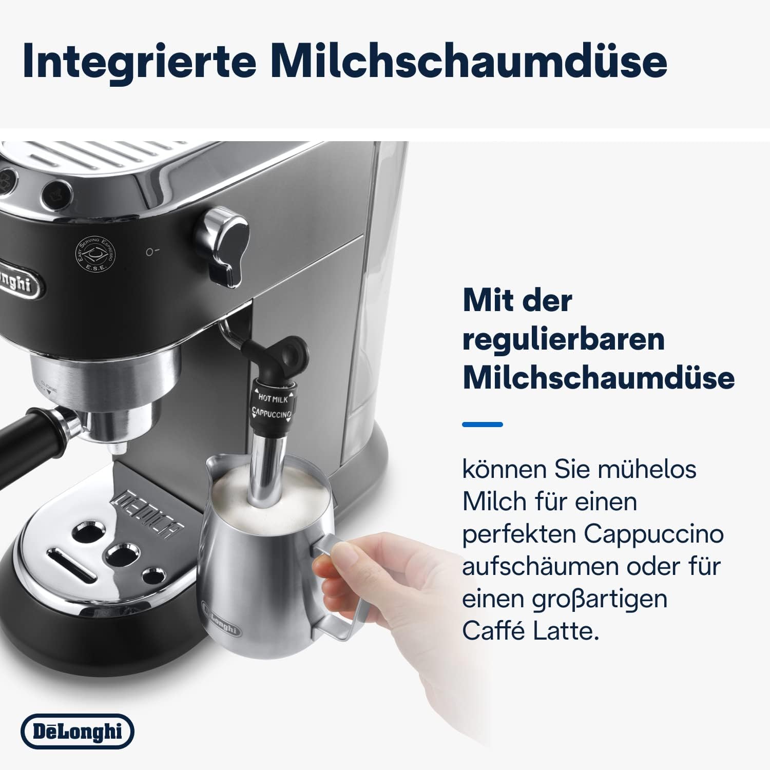 De'Longhi Dedica Style EC 685.M – Macchina da caffè espresso con portafiltro, con montalatte professionale, larga solo 15 cm, per caffè in polvere o cialde ESE, serbatoio dell'acqua da 1 l, argento