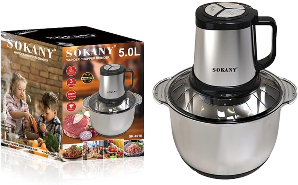 SOKANY Tritacarne Elettrico da Cucina 1500W con Ciotola in Acciaio Inox da 6,5L, Tritatutto con 3 Livelli di Velocità, Robot da Cucina con 4 Lame per Carne, Cipolle, Frutta, Verdura