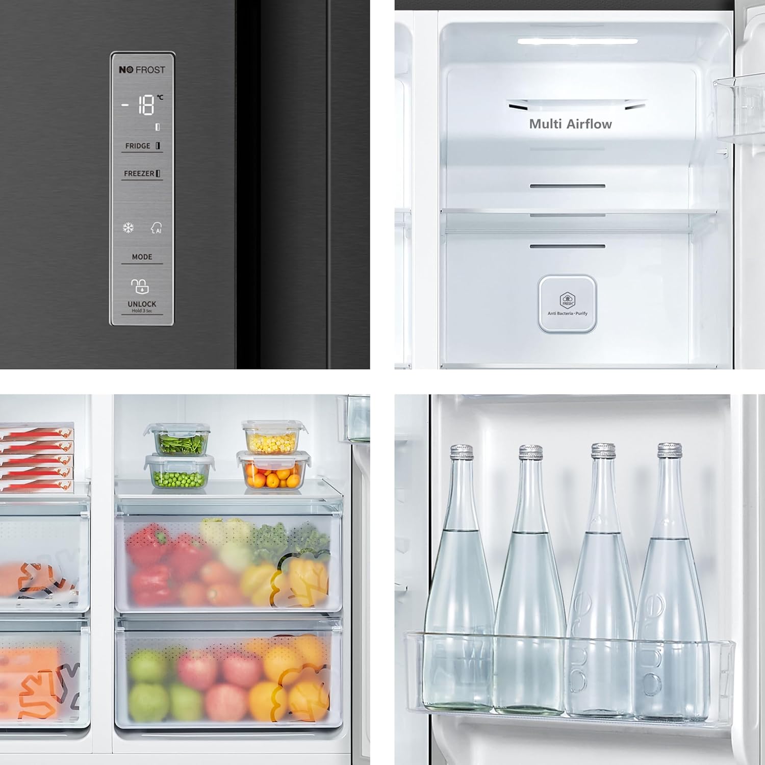 Hisense RS677N4BFD Frigorifero Americano Side by Side / Compressore Inverter / Porta Bottiglie / 2 FreshZone / Vano Verdure / Capacità Frigo 334 L / Capacità Congelatore 185 L / 41 dB / 247 kWh all'anno, Nero