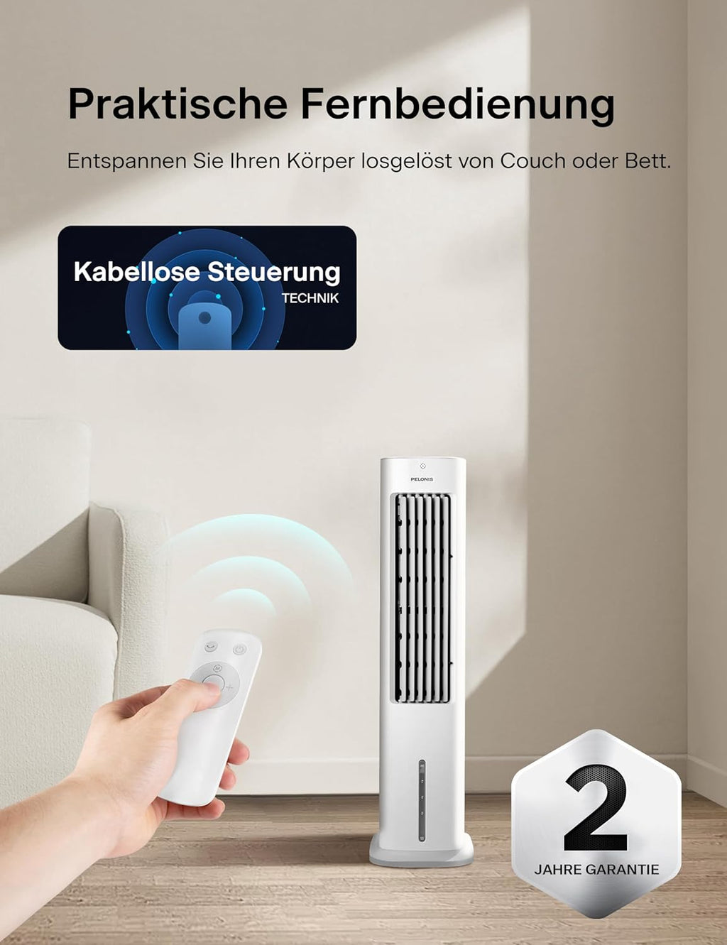 PELONIS Raffrescatore Evaporativo, Condizionatore Portatile, Ventilatore con Raffreddamento ad Acqua 5L, Umidificatore con Telecomando, 355m³/h Climatizzatore Senza Tubo di Scarico
