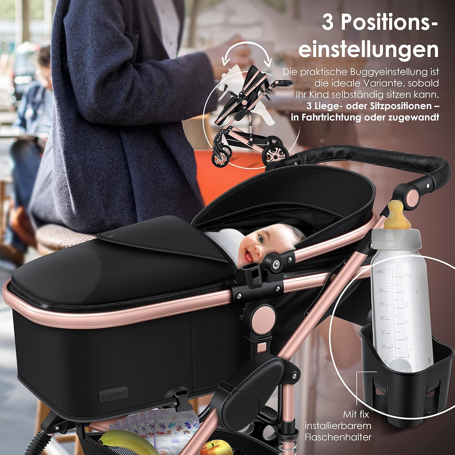 KESSER Passeggino trio Loops 3 in 1, set completo con navicella, seduta sportiva e seggiolino auto con pneumatici in gomma piena, borsa fasciatoio, parapioggia, tavolino, ECE R129, nero/champagne
