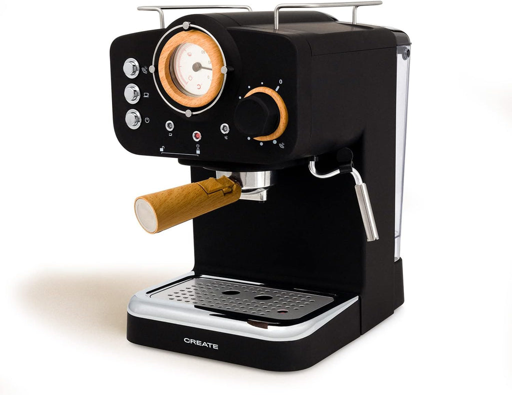 CREATE / THERA RETRO/Macchina da caffè espresso semiautomatica Rosa Pastello Opaco e Legno / Pompa a pressione 20bar, 1100W, Serbatoio acqua 1.25L, per caffè macinato, cialde ESE 55mm, con vaporizzatore, 1100W