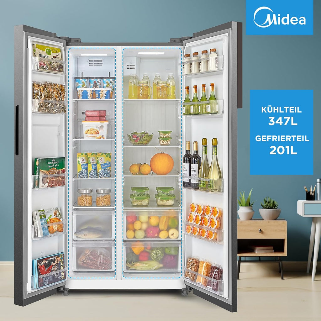 Midea KS-DDX 6.32 WT Frigorifero Side-by-Side con Congelatore/Altezza 178,8 cm/254 kWh/anno/No Frost/Compressore Dual Inverter/con Distributore di Acqua e Ghiaccio 3-in-1 e Serbatoio d'Acqua, Inox Scuro