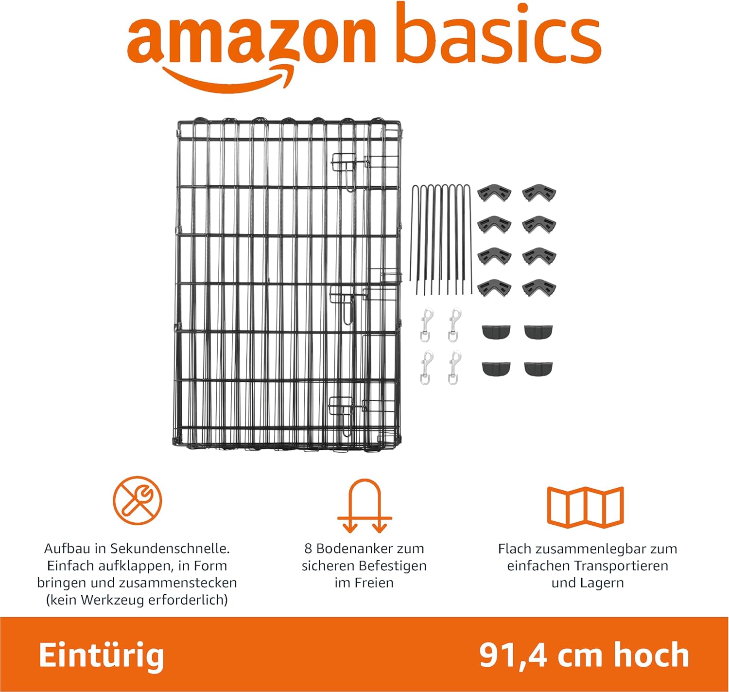 Amazon Basics - Achteckig, Laufgehege für Hunde und andere Haustiere, faltbar, Metall, mit Tür,122 cm, Schwarz