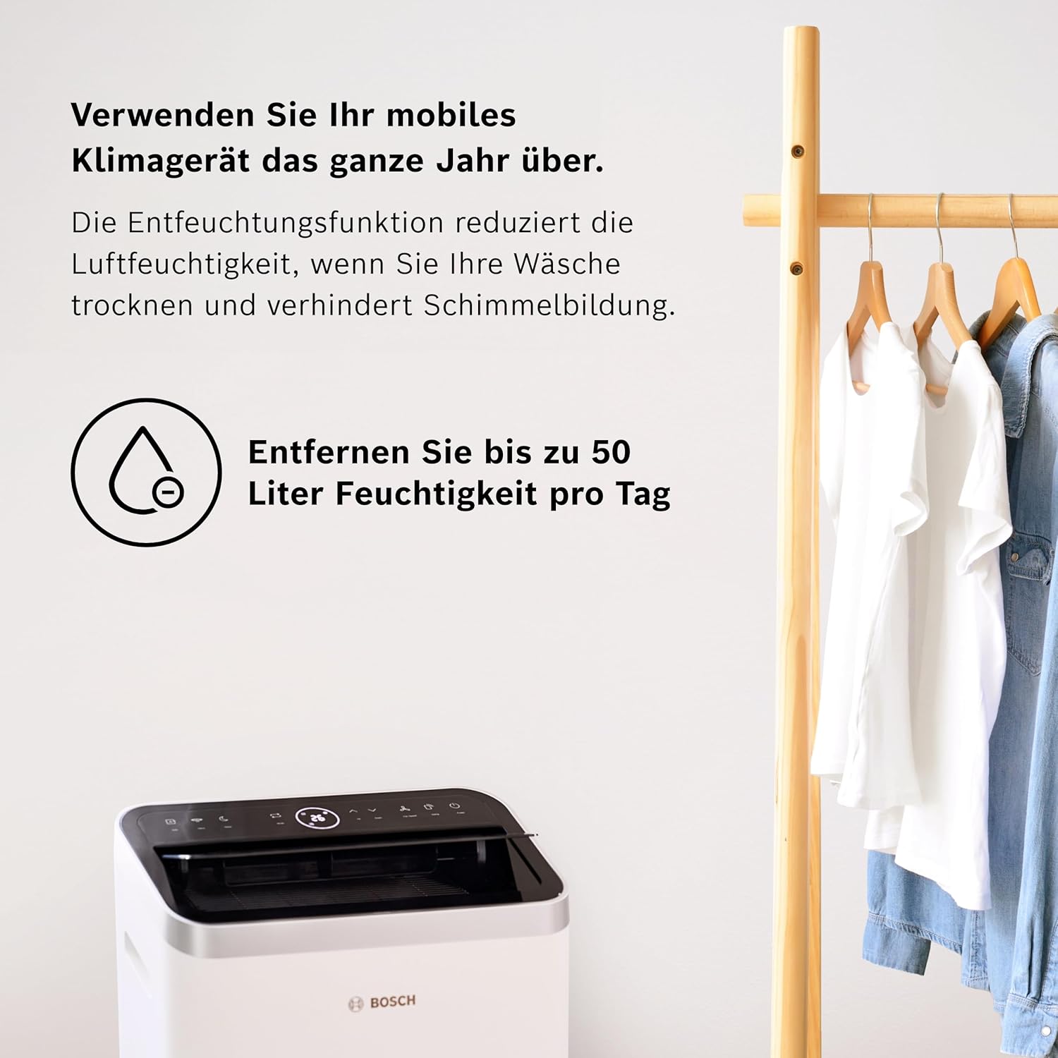 Bosch Cool 4000 Climatizzatore Mobile - 3-in-1: Climatizzatore, Deumidificatore, Ventilatore - 2,6 kW per ambienti fino a 35m² - Con modalità automatica, silenziosa e notturna