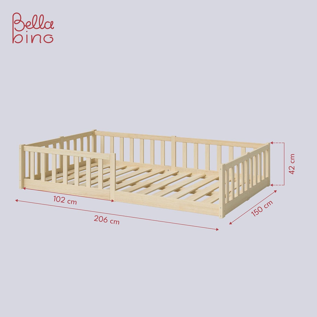 Bellabino Vere Letto a Pavimento 140x200 Montessori, Letto Matrimoniale con Protezione Anticaduta e Rete a Doghe, Letto per Bambini e Bambine in Legno Massello di Pino Bianco con Sbarre