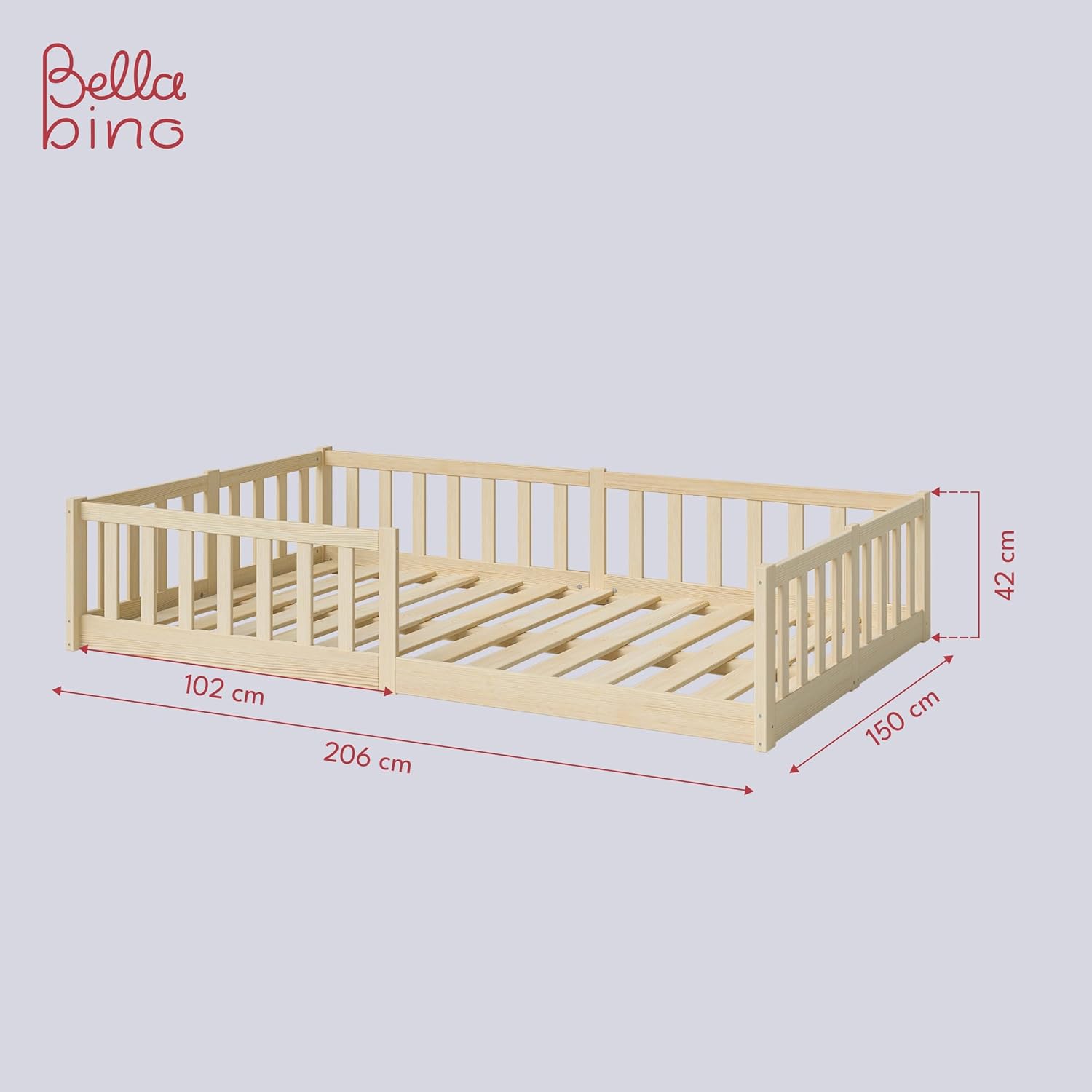 Bellabino Vere Letto a Pavimento 140x200 Montessori, Letto Matrimoniale con Protezione Anticaduta e Rete a Doghe, Letto per Bambini e Bambine in Legno Massello di Pino Bianco con Sbarre