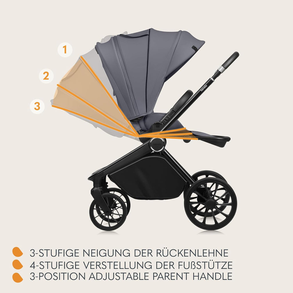 Passeggino LIONELO MIKA PLUS 3-in-1, da 0 a 48 mesi, fino a 22 kg, navicella fino a 9 kg, seggiolino auto fino a 13 kg, schienale regolabile, ammortizzazione, ruote a 360°, cappottina XXL