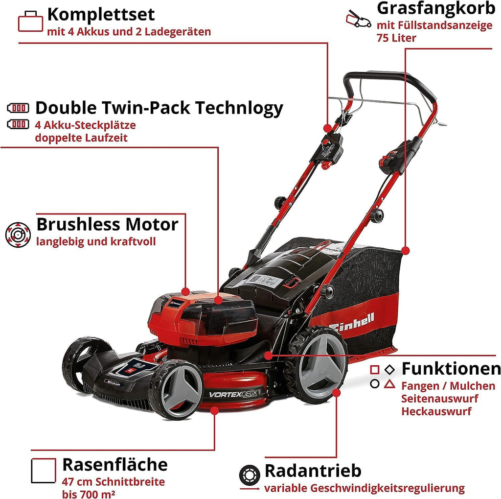 Tagliaerba a batteria Einhell GE-CM 36/47 S HW Li Kit Power X-Change (36 V, 47 cm larghezza di taglio, fino a 700 m², Brushless, trazione posteriore, cesto di raccolta da 75 L, incl. 4x 4,0 Ah + 2x caricabatterie doppio)