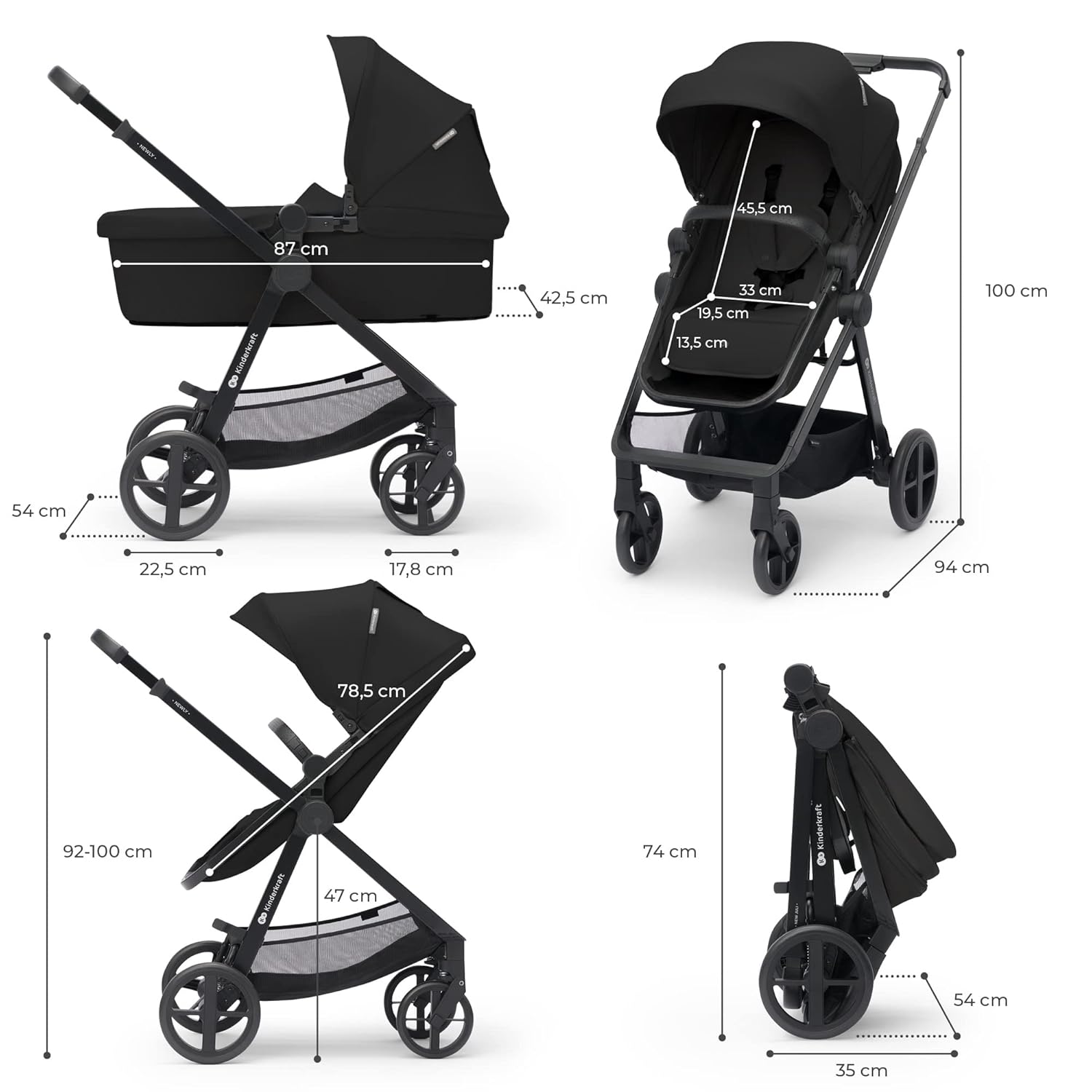 Kinderkraft NEWLY Kinderwagen 3 in 1, Komplettset bis 22 kg, Kindersitz I-Size 40-75 cm im set, Kombikinderwagen mit Fußsack, wasserfestes Verdeck mit UPF50+, Zusammenklappen, Liegeposition, Beige