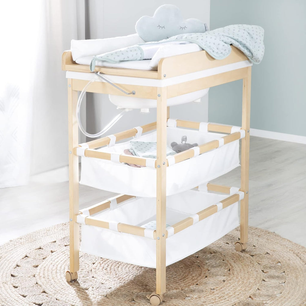 roba Fasciatoio da Bagno Combinato + Materassino Fasciatoio Style grigio - Fasciatoio Mobile Combinato con Vasca Integrata - con piano fasciatoio estraibile - Legno bianco