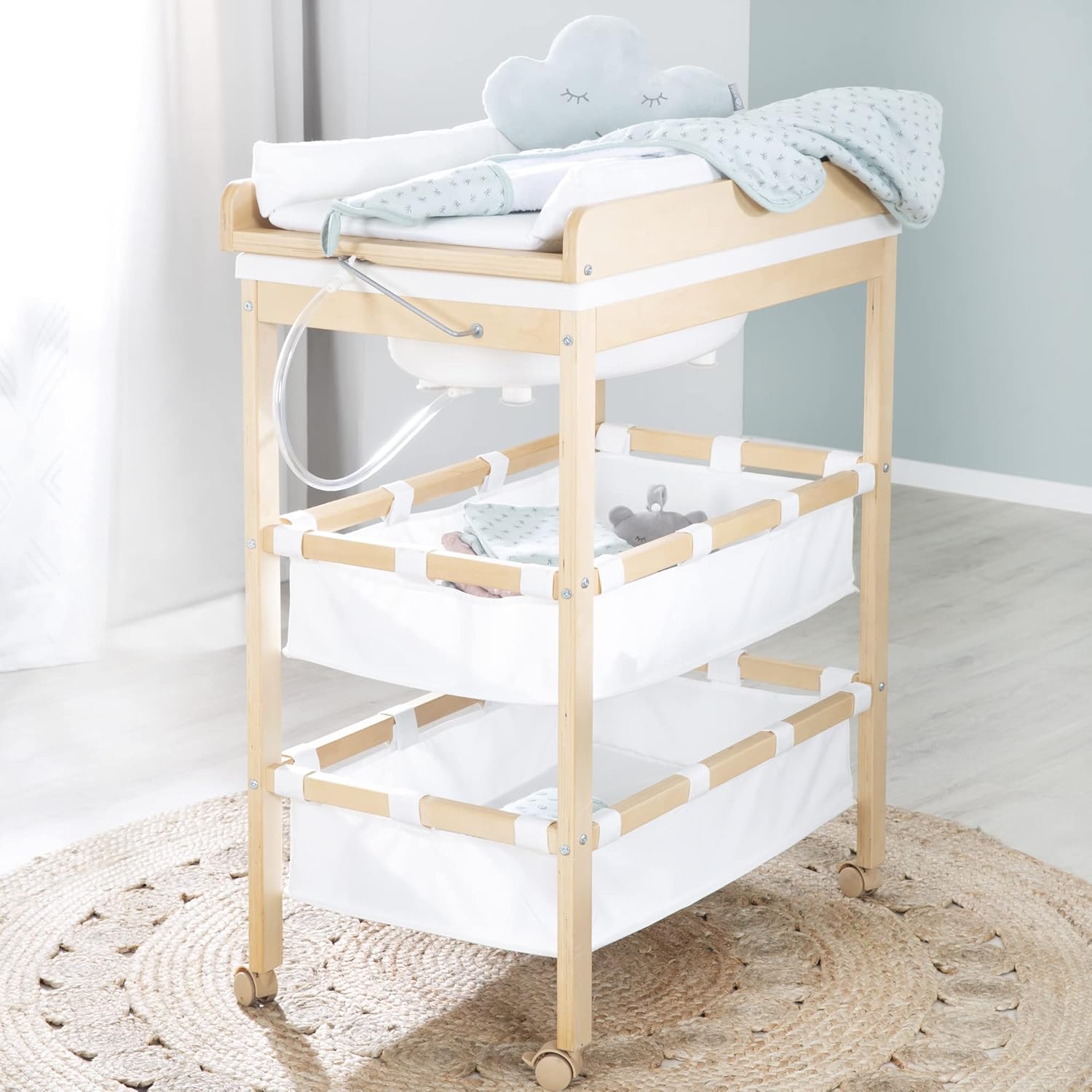 roba Fasciatoio da Bagno Combinato + Materassino Fasciatoio Style grigio - Fasciatoio Mobile Combinato con Vasca Integrata - con piano fasciatoio estraibile - Legno bianco