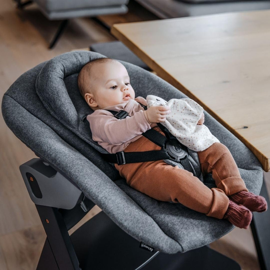 hauck Alpha Plus Newborn Set mit Premium Bouncer Dark Grey - Baby Holz Hochstuhl ab Geburt mit Liegefunktion - extra flacher Aufsatz für Neugeborene & Baumwoll Sitzpolster - Grau