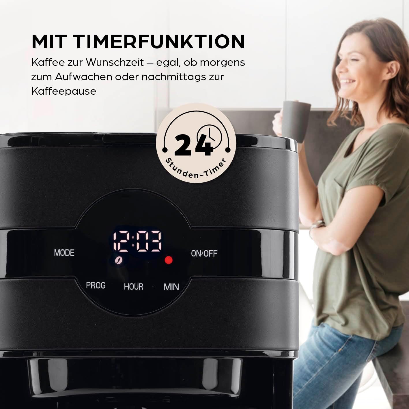 Barista Kaffeemaschine mit Mahlwerk | Filterkaffeemaschine mit Glaskanne | 900W Filtermaschine mit Touchdisplay & Timerfunktion für bis zu 10 Tassen | 1,25 Liter Kaffeekanne | Für Bohnen & Pulver