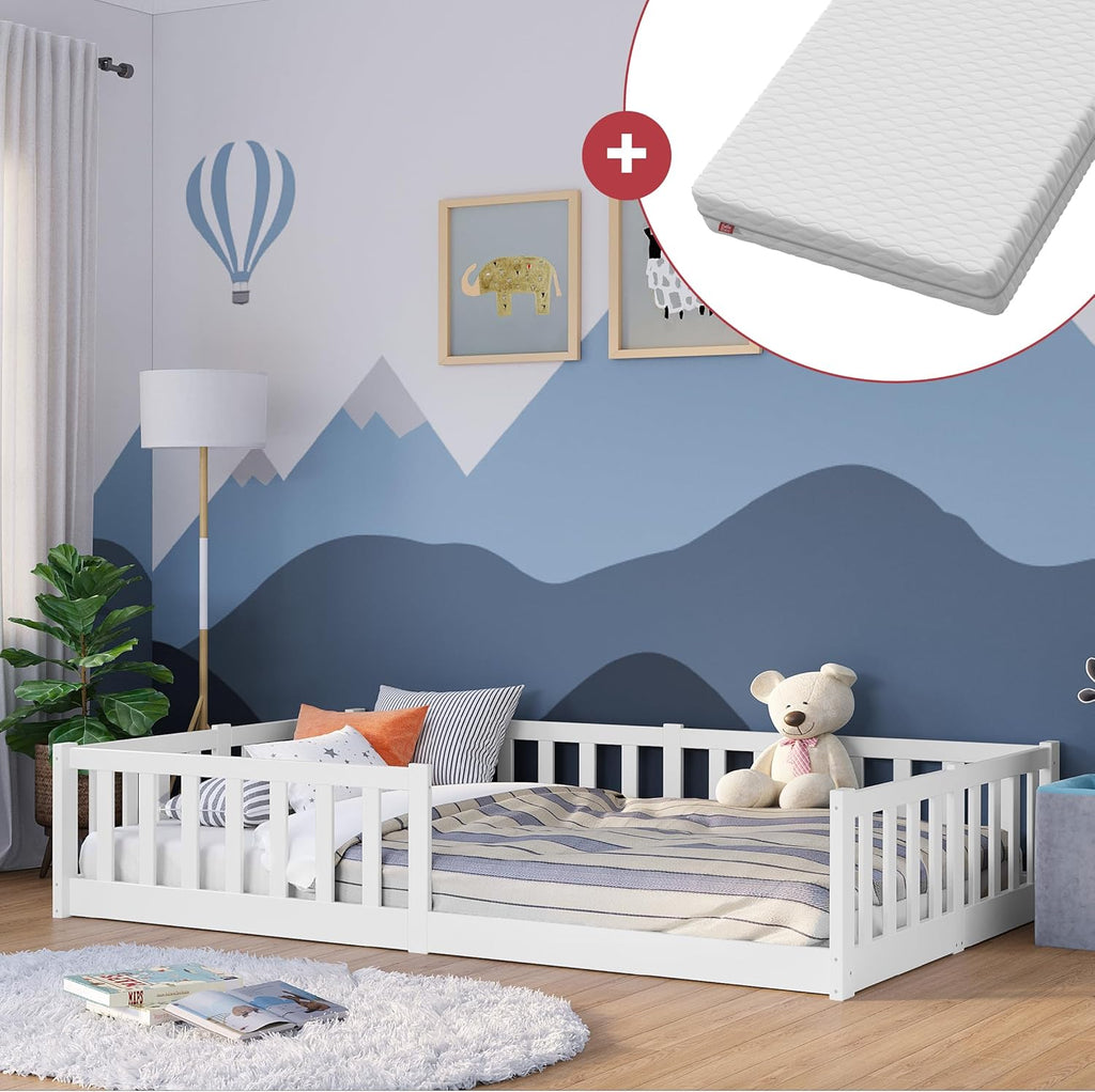 Bellabino Vere Letto a Pavimento 140x200 Montessori, Letto Matrimoniale con Protezione Anticaduta e Rete a Doghe, Letto per Bambini e Bambine in Legno Massello di Pino Bianco con Sbarre