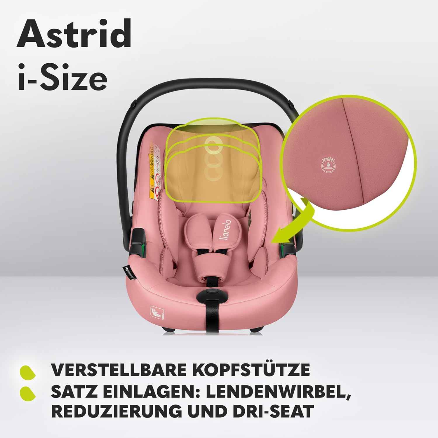 LIONELO ASTRID i-Size SET Seggiolino Auto con Base 40-87 cm Ovetto ISOFIX, Cinture a 3 Punti, Protezione Laterale, Riduttore Dri-Seat, i-Size R129