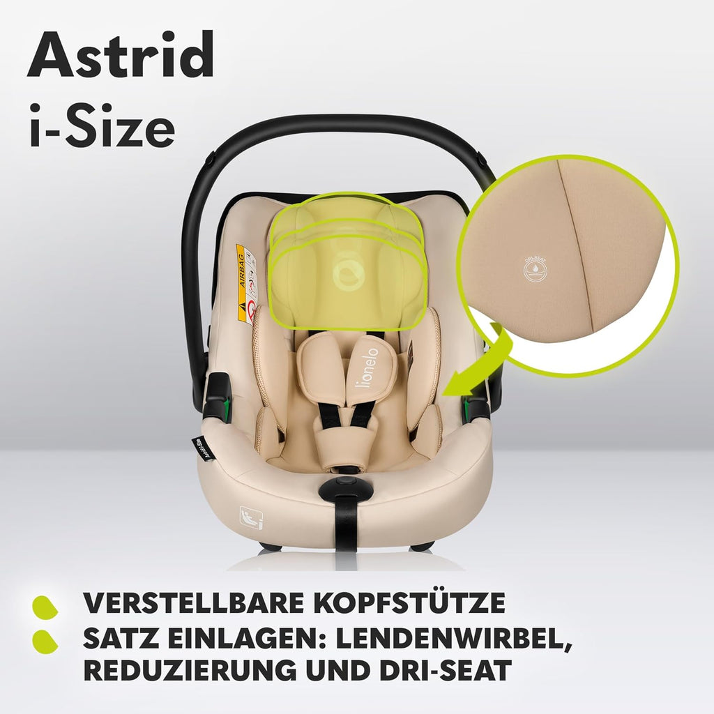 LIONELO ASTRID i-Size SET Seggiolino Auto con Base 40-87 cm Ovetto ISOFIX, Cinture a 3 Punti, Protezione Laterale, Riduttore Dri-Seat, i-Size R129