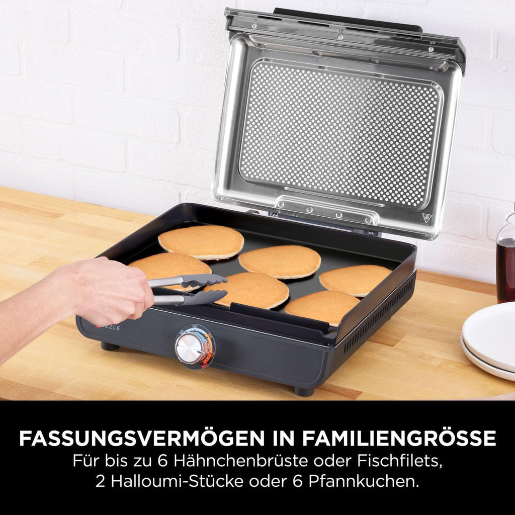 Ninja Sizzle Elektrogrill Indoor & Plancha (Flat Grill Plate) mit Antihaft-Grillplatte, abnehmbarer & spülmaschinenfester Deckel, Fettauffangbehälter, Temperaturregler & Rezeptbuch, Grau GR101EU