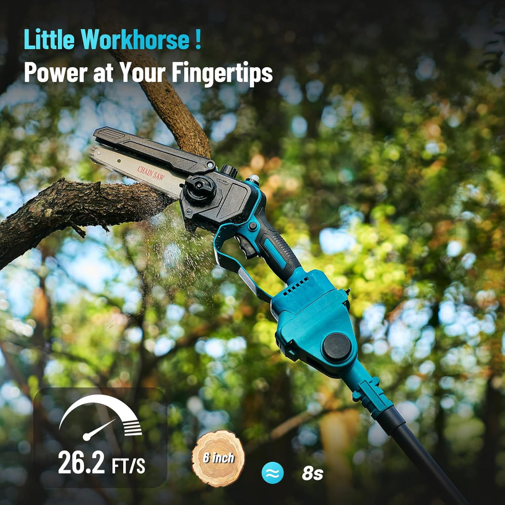 Seesii Set 6-in-1 Mini Motosega e Tagliasiepi a Batteria, con 2 Batterie da 4000mAh, Potatore ad Asta con Asta Telescopica, Portata Massima fino a 4,57m, Adatto per la Cura del Giardino e il Taglio del Legno