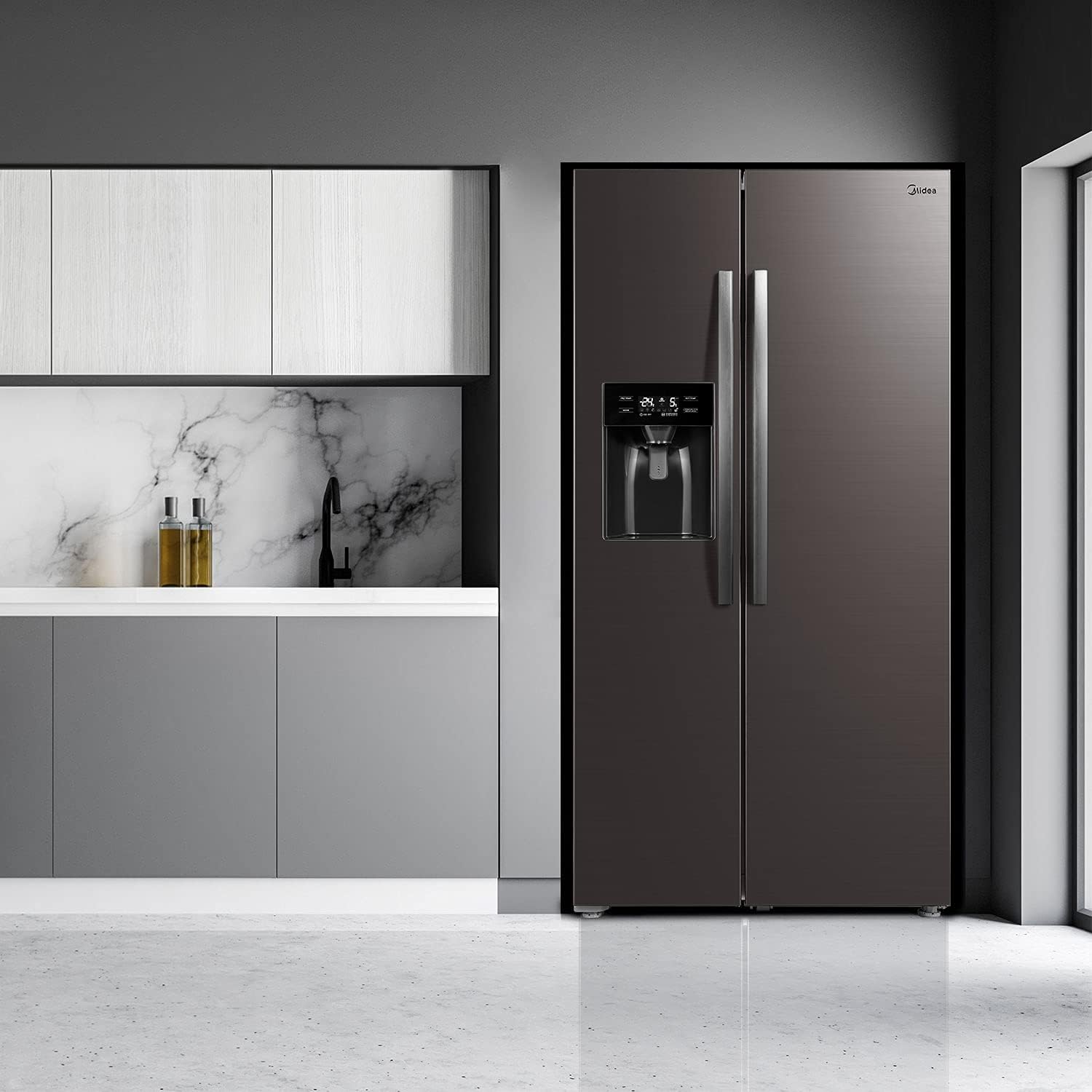 Midea KS-DDX 6.32 WT Frigorifero Side-by-Side con Congelatore/Altezza 178,8 cm/254 kWh/anno/No Frost/Compressore Dual Inverter/con Distributore di Acqua e Ghiaccio 3-in-1 e Serbatoio d'Acqua, Inox Scuro