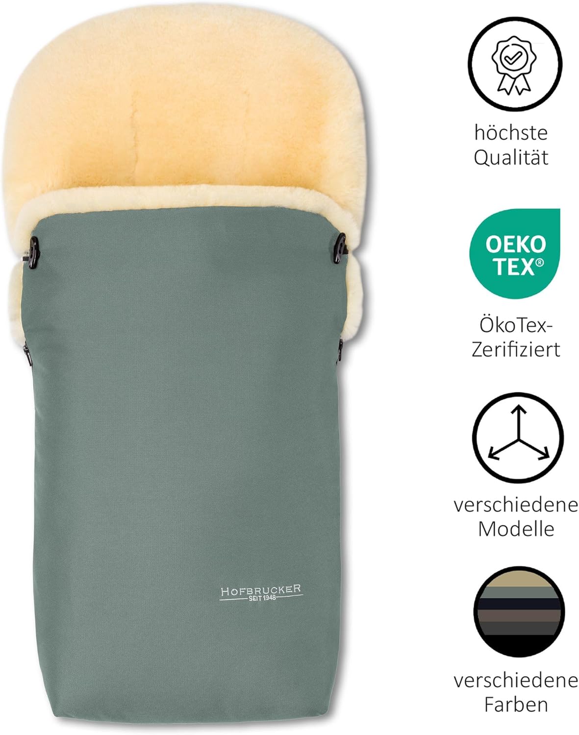 Sacco coprigambe in pelle di agnello Hofbrucker "Putzi" per passeggino, carrozzina/sacco coprigambe invernale antivento e idrorepellente/sacco coprigambe caldo con parte superiore rimovibile/vera pelle di agnello/Made in Germany