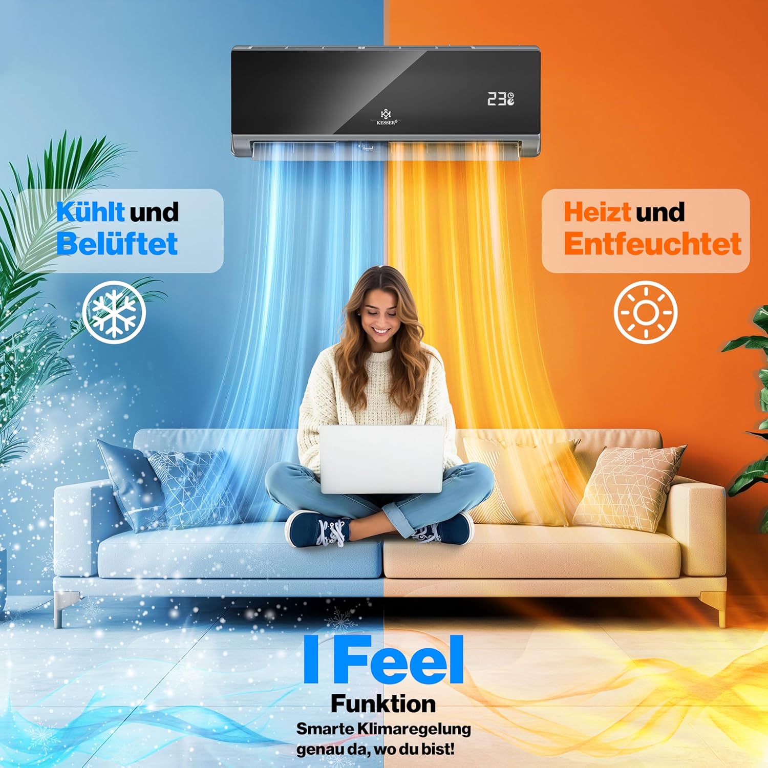 KESSER® Condizionatore Split - con funzione WiFi/App - Raffreddamento A++/Riscaldamento A+ - 9000 BTU/h (2.600 Watt) Refrigerante R32 - Telecomando, funzione timer - Kit di montaggio completo incluso