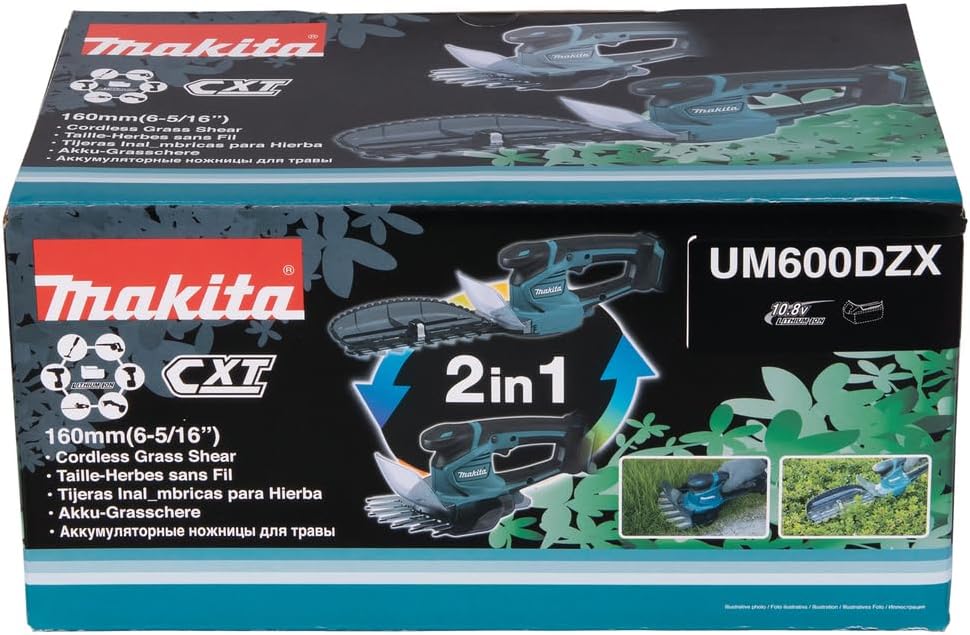 Makita UM600DSMEX Akku-Gras-Strauchschere 12V max, 4,0 Ah, 2 Akkus BL1041B, Ladegerät DC10SB, inklusive Schnittgutsammler