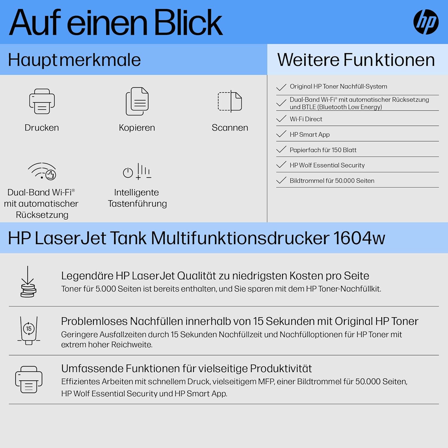 HP Laserjet Tank MFP 2604dw Laserdrucker, Drucker, Scanner, Kopierer, HP Smart App, inklusive Original HP Toner für bis zu 5000 Seiten, 23 Seiten/Min, beidseitig drucken, bis 600 x 600 DPI, Monochrom