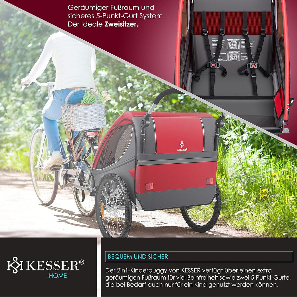 KESSER® Kinderanhänger Fahrradanhänger 360° Drehbar mit Federung 2in1 Joggerfunktion Kinderfahrradanhänger + 5-Punkt Gurt Jogger Fahrrad Anhänger für 1 bis 2 Kinder max. 40kg Inkl. Warnfahne, Schwarz
