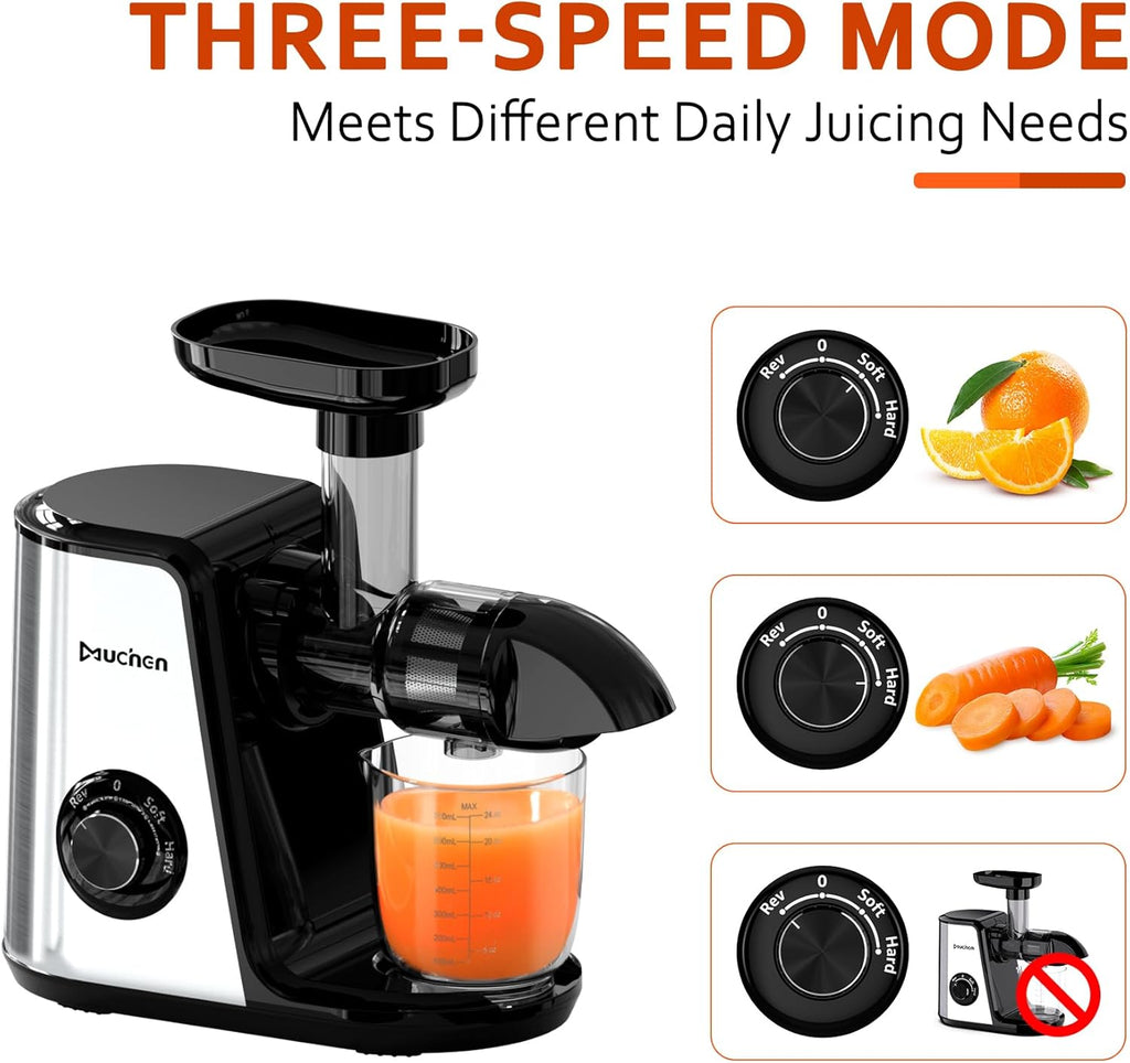Muchen Slow Juicer Spremiagrumi Estrattore Frutta e Verdura, Vincitore del Test, Motore Silenzioso da 150W, Funzione di Retromarcia, Facile da Pulire, Design in Acciaio Inox Nero e Argento, Inclusivo di Ricettario
